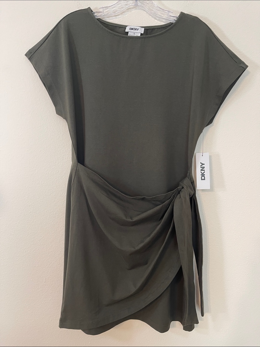 NWT DKNY Olive Tie-Waist Cotton Stretch Faux Wrap Dress